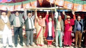 BJP leaders during an election campaign at Polo Ground Leh on Wednesday. -Excelsior/Stenzin