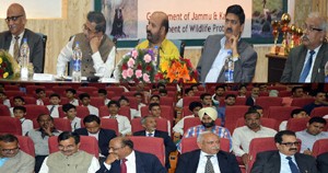 Minister for Forests, Bali Bhagat chairing inaugural function of Wildlife Week at Srinagar.