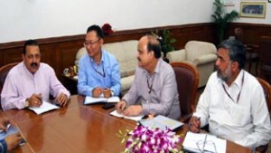 Union Minister Dr Jitendra Singh holding a meeting of senior officers of the DoNER ministry at New Delhi on Tuesday.