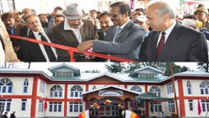 Chief Justice N Paul Vasanthakumar flanked by Minister for Law, Syed Basharat Bukhari and Justice Hasnain Masoodi inaugurating court building at Baramulla.