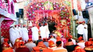 A view of Shri Mata Vaishno Devi Bhawan decorated with flowers on the commencement of Navratras.