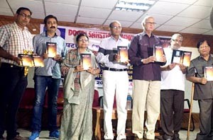 Dr Ramakant Dubey and others releasing short stories collection of Sudershan Rattanpuri on Sunday.