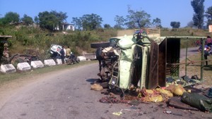 A truck, which turned turtle after collision with tipper near Sunderbani on Wednesday. 