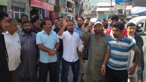 People during a protest at Bhaderwah town on Monday. —Excelsior/Tilak Raj