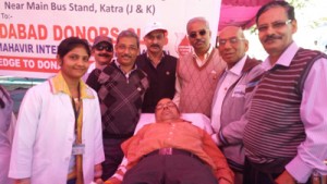 Volunteers at a blood donation camp at Katra on Saturday.