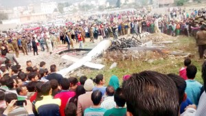 Wreckage of Chopper lying at New Bus Stand in Katra on Monday.— Excelsior/Mengi