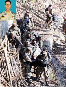Army soldiers carry Col Santosh Mahadik from the site of encounter in Kupwara on Tuesday. (Inset) File photo of the Colonel.— Excelsior/Aabid Nabi