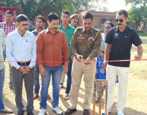 SHO Akhnoor Pushpinder Singh inaugurating 7th Pawan Memorial T20 Cricket Tournament on Sunday.
