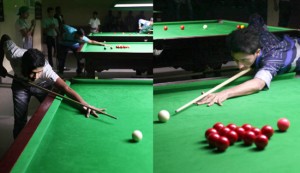 Cueists Ananya and Arjun aiming at target during a match of Junior Snooker District Championship at MA Stadium in Jammu.— Excelsior/Rakesh