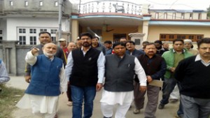 MLA Jammu West Sat Sharma and MLC Surinder Ambardar during their visit to Gobind Nagar on Wednesday.