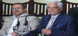 Chief Minister Mufti Sayeed and Deputy Chief Minister Dr Nirmal Singh at a press conference in Jammu on Friday. — Excelsior/Rakesh