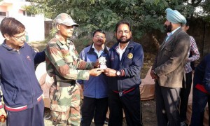 Veteran athletes being felicitated during Jammu District Veteran Athletic Meet in Jammu.