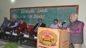 JU VC Prof R D Sharma delivering inaugural address of a            3-week Refresher Course by HRDC on Thursday.