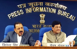 Union Minister Dr Jitendra Singh flanked by another Union Minister Piyush Goel briefing the media in New Delhi on Wednesday.