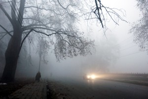 A vehicle moves amid dense fog in Srinagar on Monday. —Excelsior/Amin War