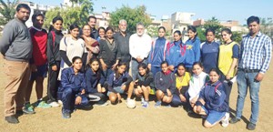 Players of J&K Senior Women Handball team posing for a group photograph alongwith the office bearers of the Association before leaving for Pune. 