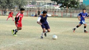Young footballers in action during a camp at GGM Science College football ground in Jammu on Saturday.  —Excelsior/Rakesh
