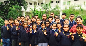 Medal winners of State Speedball Championship posing for a group photograph at Lawrence Public School in Jammu.