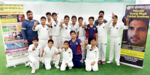 Winners Yuvraj Singh B team players posing for a group photograph after scripting victory in the first match of the Bilateral Cricket Series at KC Sports Club on Thursday.