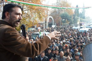 PCC chief GA Mir addressing Congress rally at Verinag in Anantnag on Saturday.