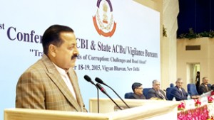 Union Minister Dr Jitendra Singh addressing the "21st Conference of CBI and Vigilance Bureaus" as chief guest, at Vigyan Bhawan, New Delhi on Thursday.