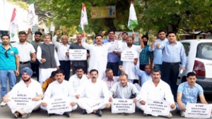 NPP leaders & activists staging protest dharna in Jammu on Sunday. —Excelsior/Rakesh