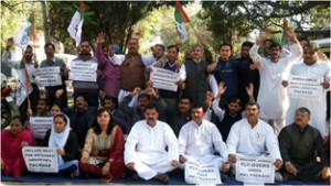 NPP leaders and activists staging protest dharna in Jammu on Tuesday.