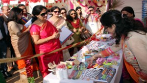 Chairperson, PAWWA, K Vijaya Rajendra inspecting a stall during Bal Mela at Police Public School, Miran Sahib.