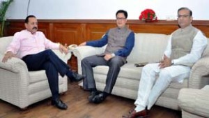 Union DoNER Minister Dr Jitendra Singh convening a meeting with MoS Home, Kiren Rijiju and MoS Finance, Jayant Sinha to review developmental projects in Arunachal Pradesh and the related financial issues, at his office at New Delhi.