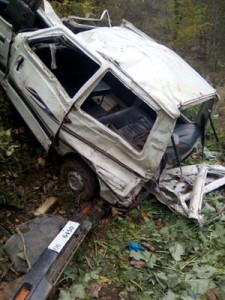 Ill-fated vehicle after accident at Malik Pura in Tehsil Gandoh of district Doda.