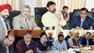 Minister for Health, Ch Lal Singh chairing a meeting at Jammu on Tuesday.