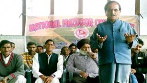 Subash Shastri, President, National Mazdoor Conference addressing workers on Wednesday.