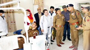 DGP, K Rajendra Kumar during his visit to Police Hospital at Jammu on Monday.