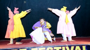 A scene from the play ‘Blood & Beauty’ staged by Natraj Natya Kunj at DIET auditorium in Reasi.