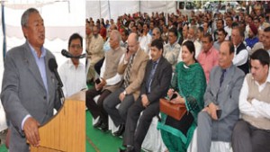 Minister for Cooperatives, Chering  Dorjay speaking during a function at Jammu on Tuesday.