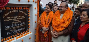 MoS for Education, Priya Sethi flanked by Yudhvir Sethi launching development work in Jammu on Monday.