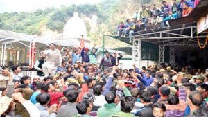 Labourers protesting against Mata Vaishno Devi Shrine Board on Thursday.