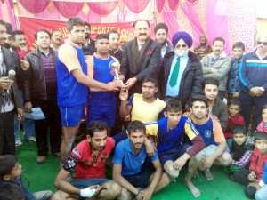 Winners of Kabaddi tournament posing for a group photograph alongwith former Minister, Surjit Singh Slathia on Thursday.