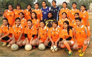 J&K's Women Football team posing for agroup photograph after registering win over Himachal Pradesh in 21st National Women's Championship. 