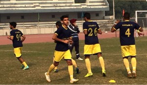 Lone Star KFC players in action during I-League 2nd Division match against Minerva Club, Punjab on Thursday.  