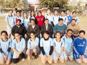 J&K Sub Jr Girls Handball team posing for a group photograph along with screening committee members in Jammu on Thursday.