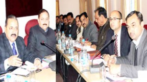 Union Minister in PMO, Dr Jitendra Singh addressing a high level meeting at Jammu on Saturday. -Excelsior/Rakesh