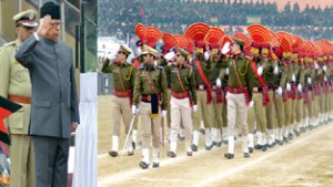 Governor N N Vohra taking salute at Republic-Day Parade at M A Stadium, Jammu.