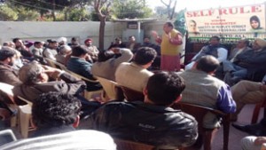 Senior PDP leader Ved Mahajan addressing party workers in Jammu on Saturday.