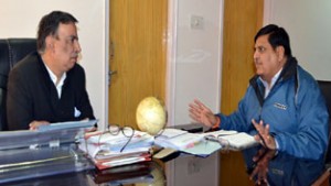 Advisor to CM Prof Amitabh Mattoo in a meeting with Principal Secretary to CM, BB Vyas at Jammu on Saturday.