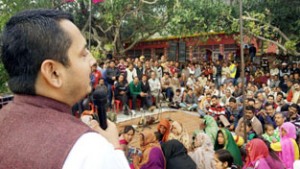 MLA Ramnagar RS Pathania addressing a public meeting at Jansal on Saturday.