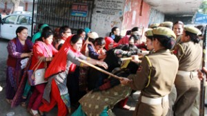 KGBV teachers during protest march at Jammu on Saturday.