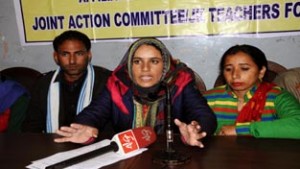 Leaders of KGBV Association addressing a press conference at Jammu on Friday.