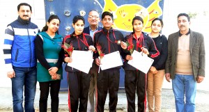 Sport Climbing medal winners posing alongwith Ram Khajuria and Shawetica Khajuria during felicitation function in Jammu.   
