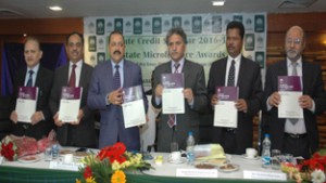 Union Minister Dr Jitendra Singh, Advisor to Governor, Khurshid Ganai and others releasing NABARD’s Focus Paper on Saturday.